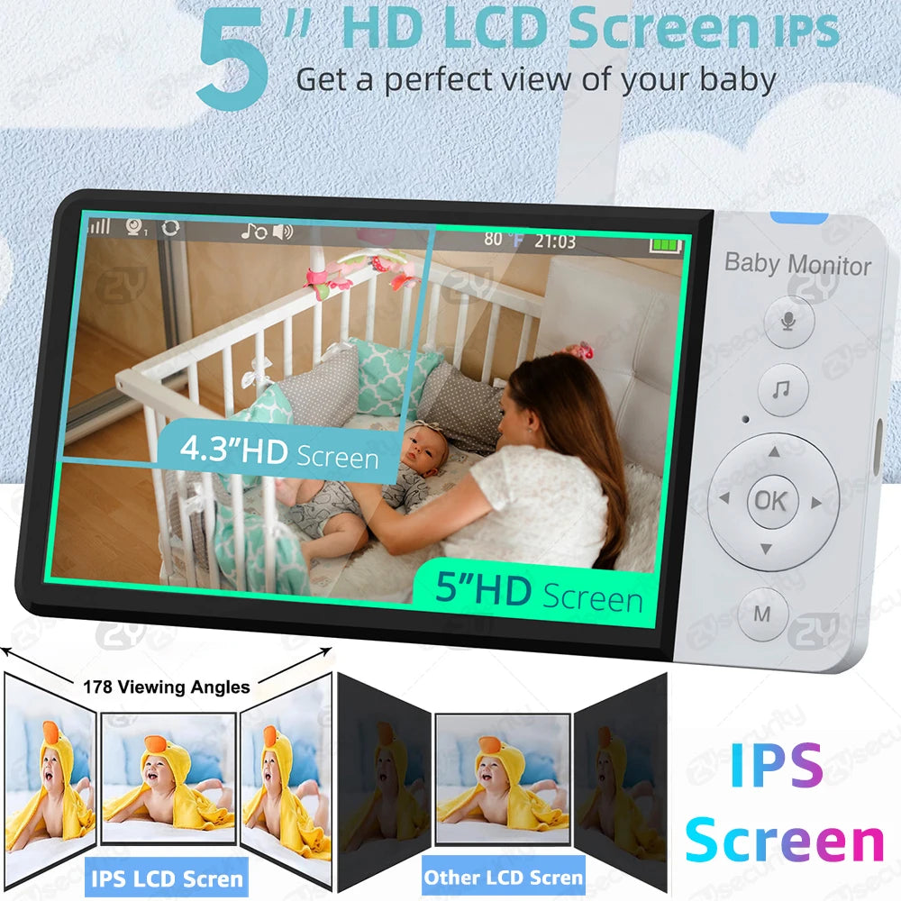 5'' IPS Screen Pan-Tilt-Zoom Camera Video Baby Monitor with 30-Hour Battery 2-Way Talk Night Vision Temperature Lullabies SD Card