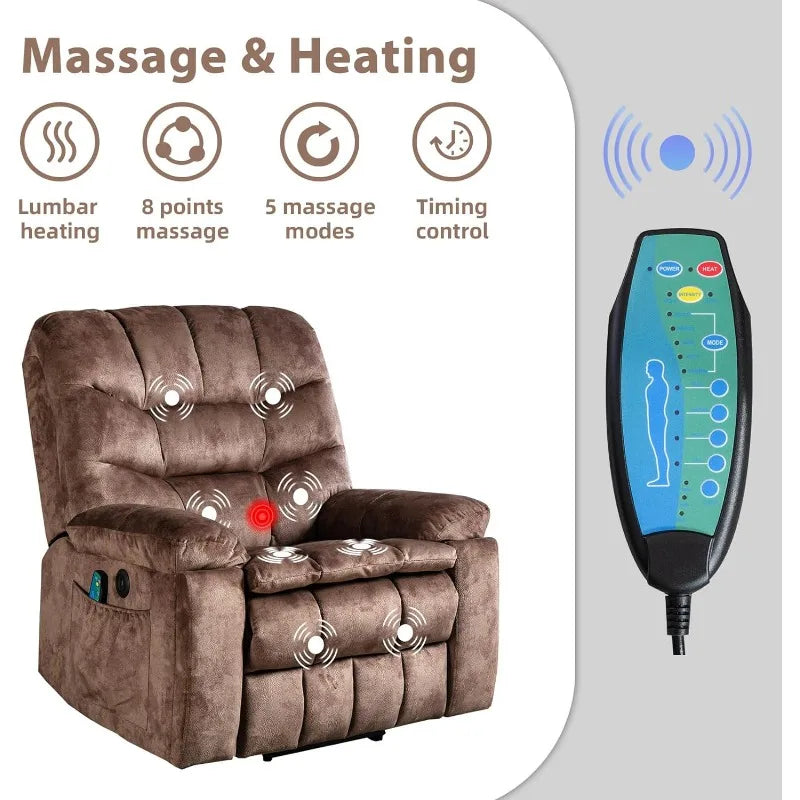 Large Power Lift Chair with Massage and Heat for Elderly Recliner, Brown2