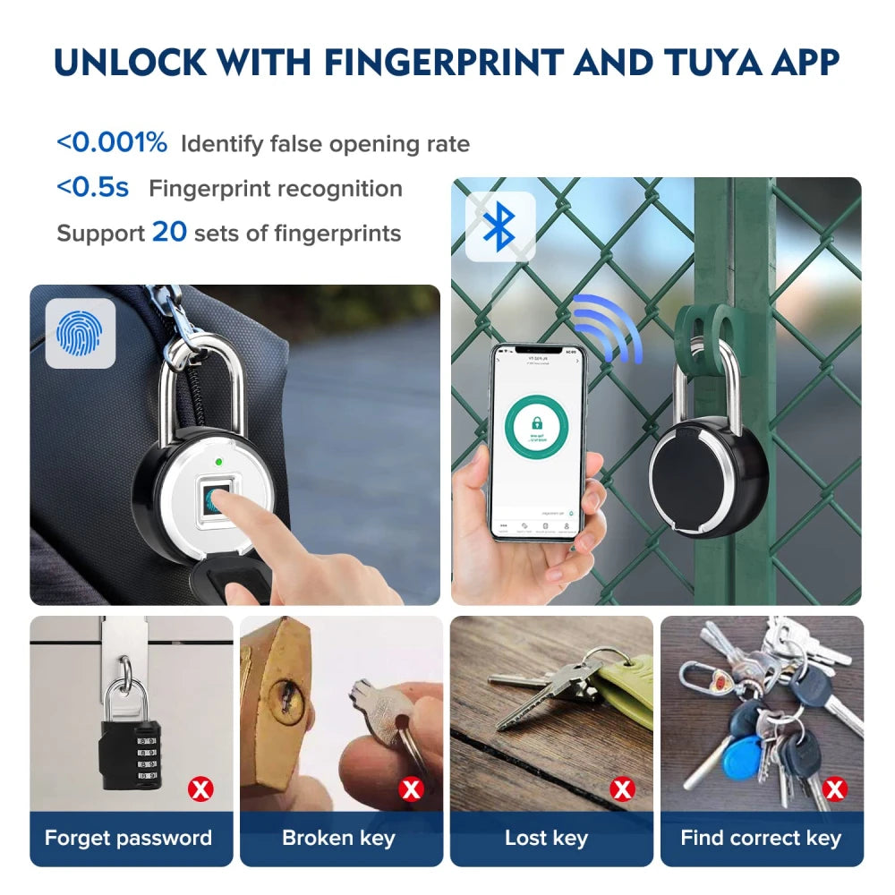 Tuya Smart Fingerprint Padlock Electronic Door Lock Bluetooth-compatible Smart Life APP Unlock Waterproof Security Protection