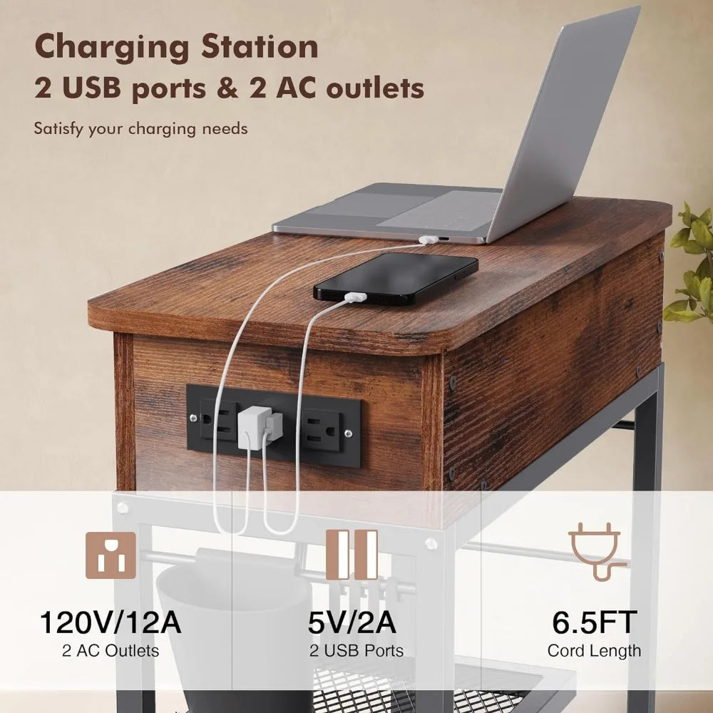 Lift Top End Table with Charging Station and Wheels, Sofa Side Table with USB Port & AC Outlets, Movable Bedside Nightstand