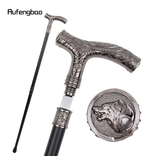 Silver Wolf Head Flower Walking Stick with Hidden Plate Self Defense Fashion Cane Plate Cosplay Crosier Stick 93cm