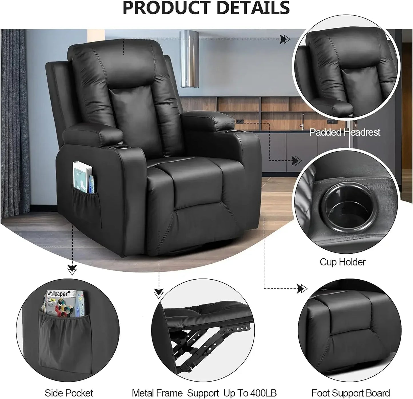 Power Lift Recliner Chair with Massage and Heat for Elderly, Leather Adjustable Reclining Sofa with Remote Control,Black