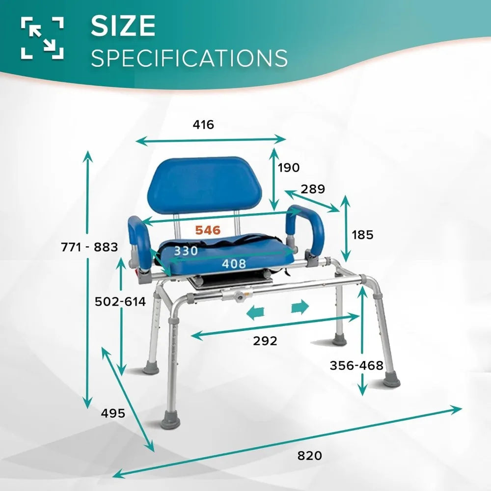 Sliding Rotating Shower/Bath Chair By Mobi Bench – Transfer Swivel Seat,Water Proof Padding with Pivoting Arms,Adjustable Height