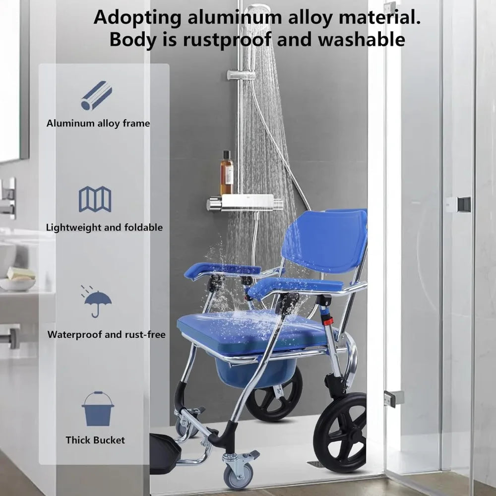 Folding Shower Commode Wheelchair - 300lbs Beside Commode Chair with Padded Seat, Waterproof Rolling Shower Chair with Armrests