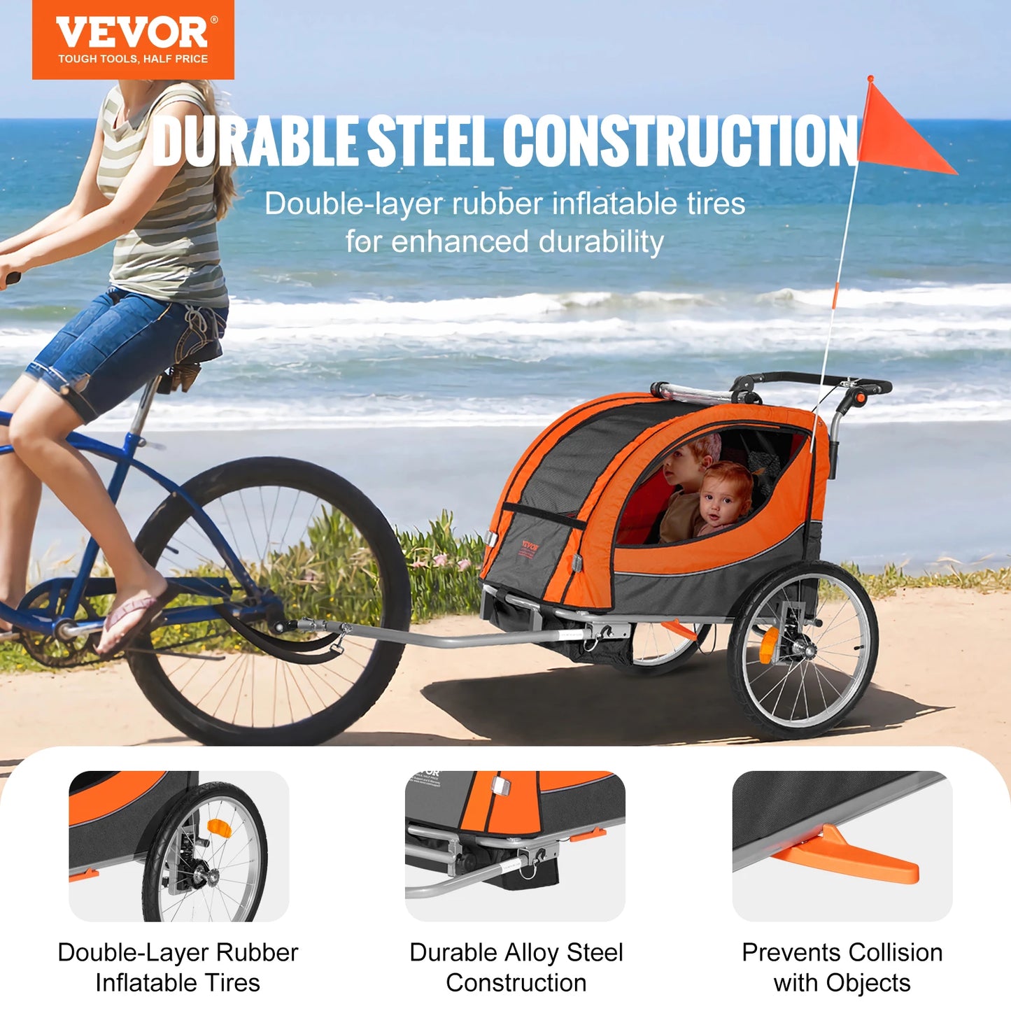 VEVOR 88/100 lbs Child Bike Trailer Double Seat Carrier Converts to Stroller Foldable Children Bicycle Trailer for Toddlers Kids