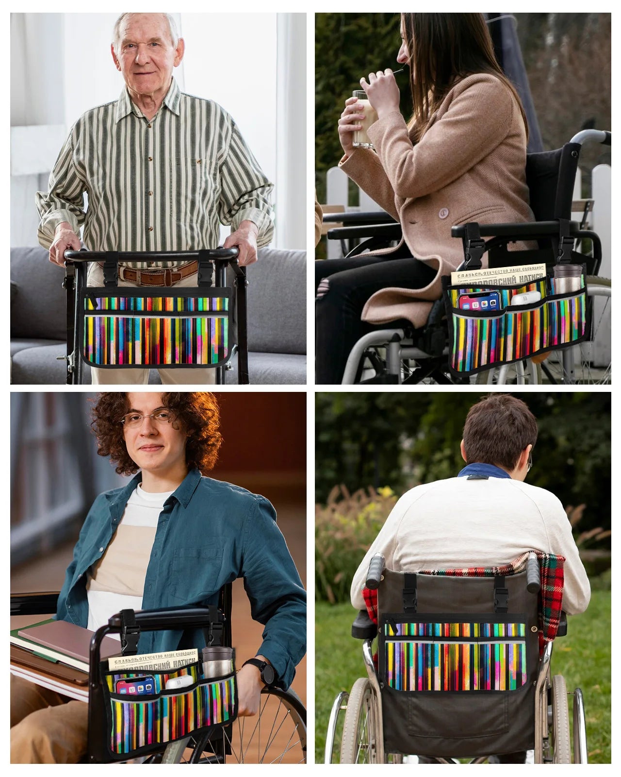 Color Stripes Wheelchair Bag With Pockets & Reflective Strips for Wheelchair, Push Chair, Stroller, Walker, or Scooter.