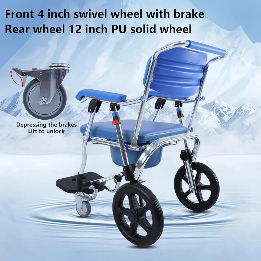 Folding Shower Commode Wheelchair - 300lbs Beside Commode Chair with Padded Seat, Waterproof Rolling Shower Chair with Armrests