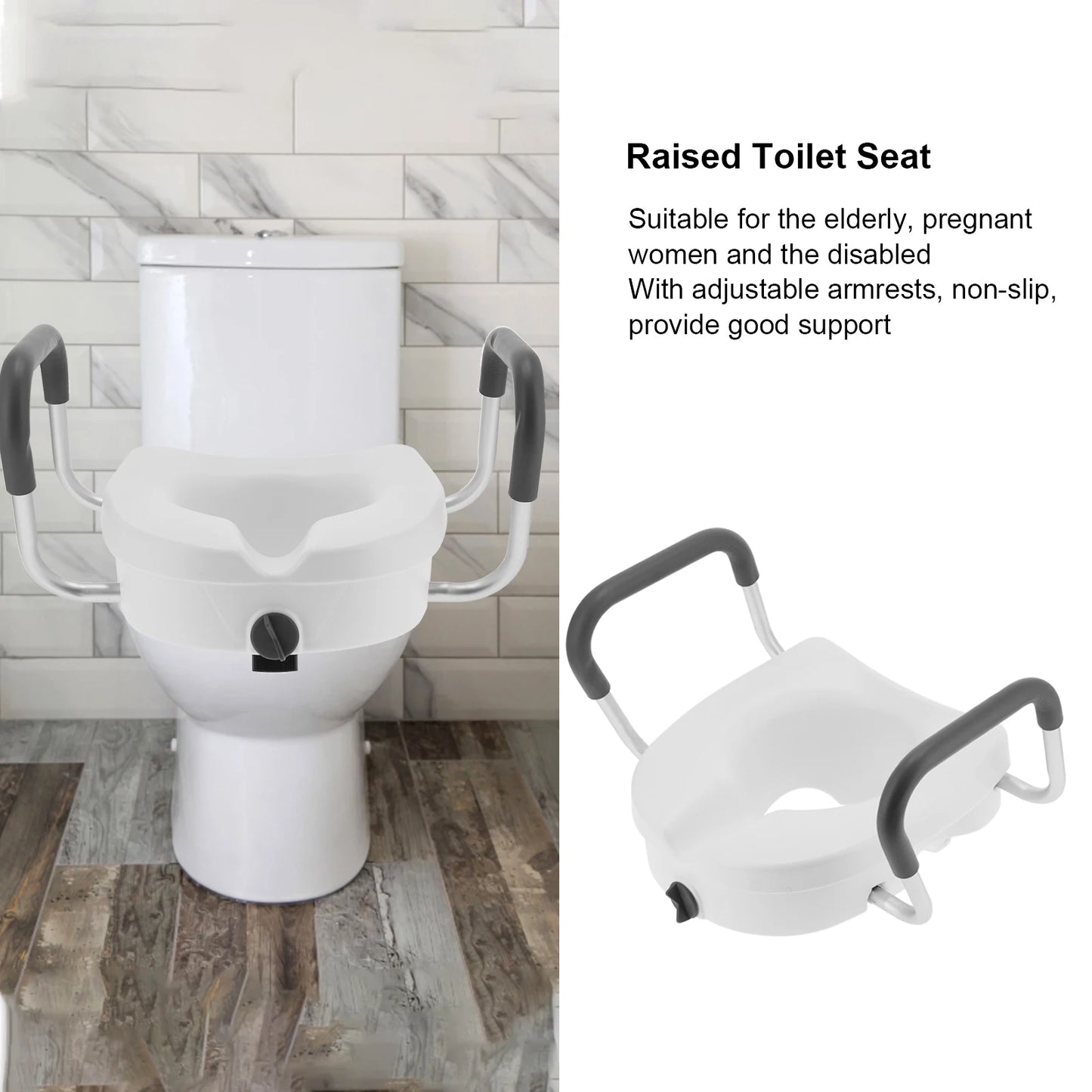 Disability Aid Toilet Seat Raised Toilet Seat with Non‑Slip Adjustable Armrest Bathroom Supplies for Seniors Pregnant Women