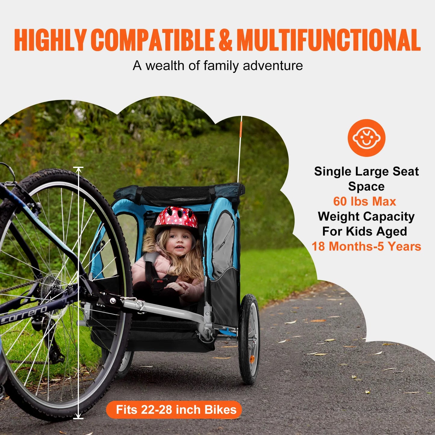 VEVOR 60/110 lbs Child Bike Trailer Tow Behind Foldable Kids Bicycle Trailer with Coupler Steel Frame for Toddlers Children