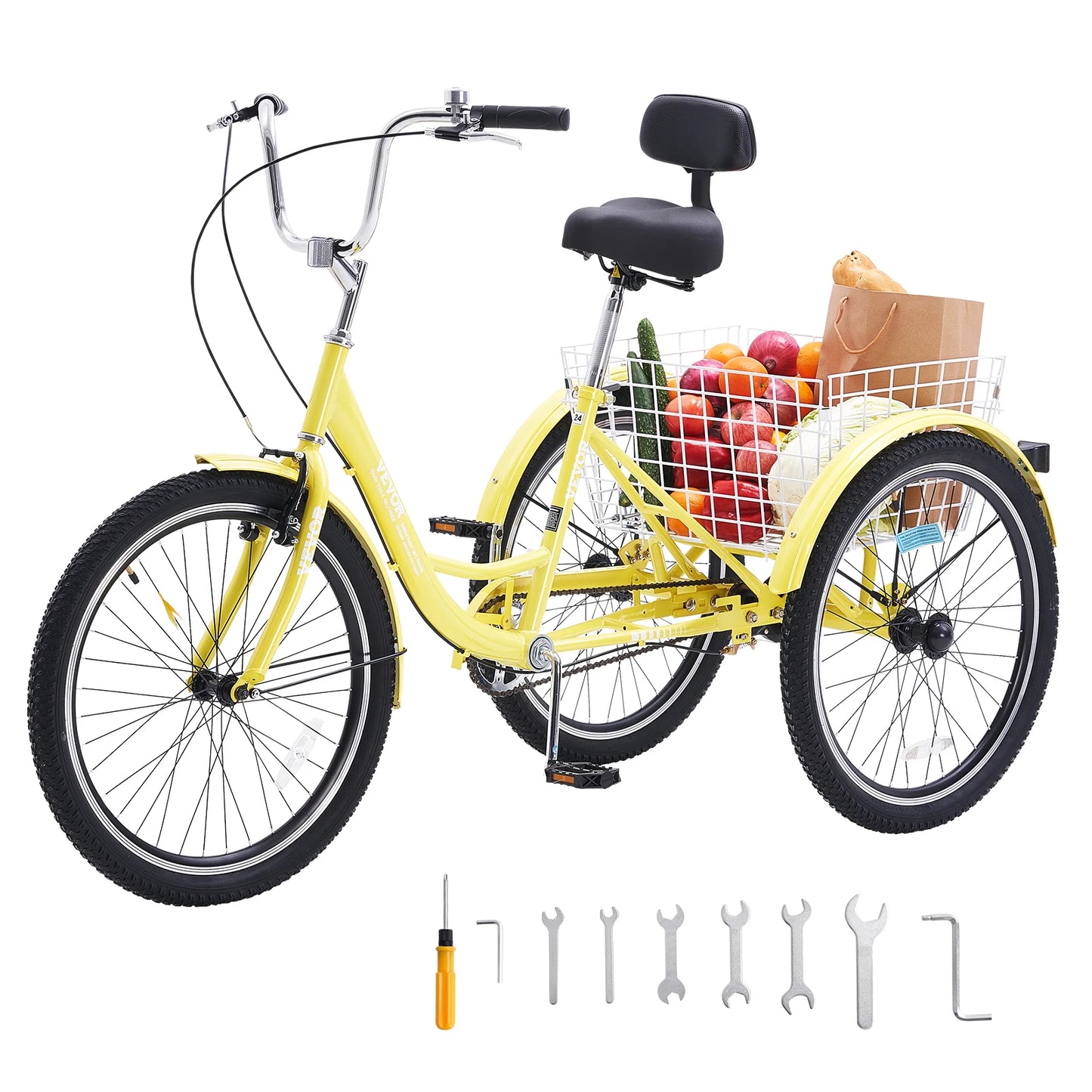 VEVOR 20/24/26Inch Adult Tricycles Bike Carbon Steel With Basket 1 Speed Adjustable Seat Picnic Shopping For Seniors Women Men