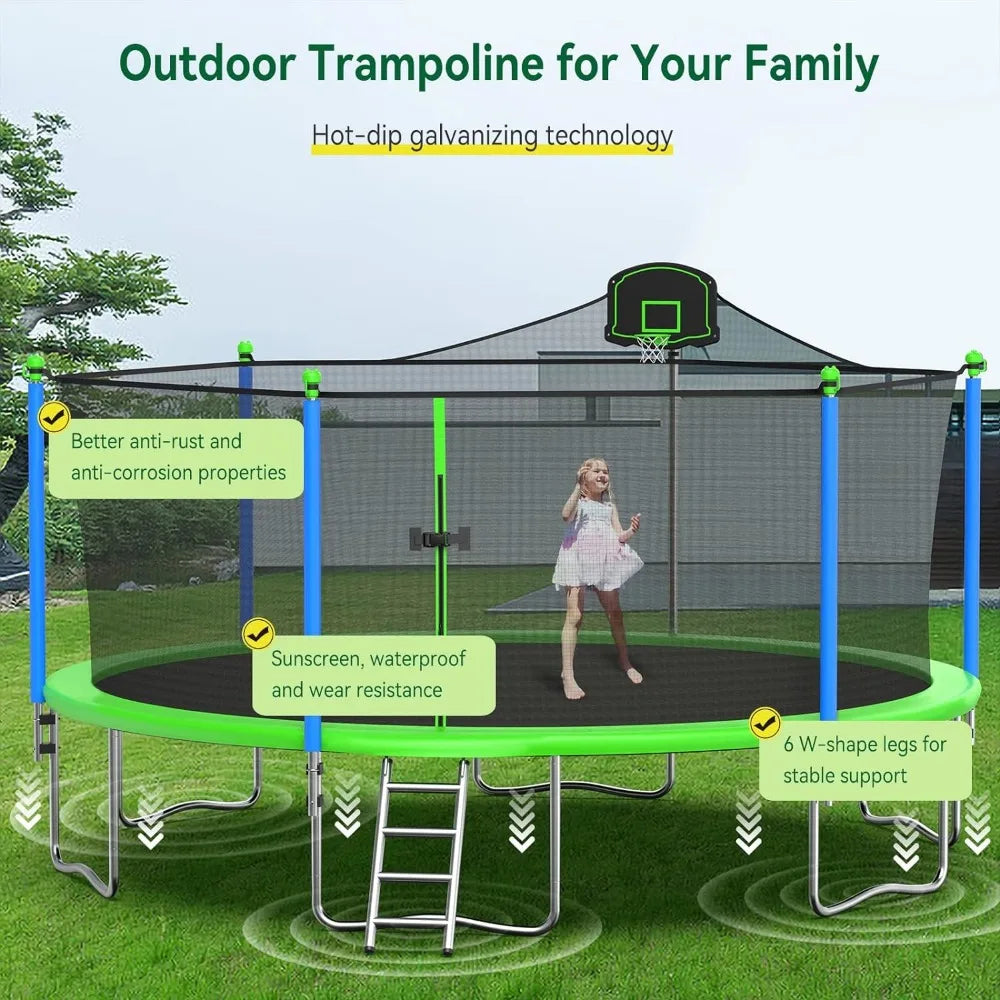 16FT 15FT 14FT 12FT Trampoline for Kids and Adults Outdoor Trampolines with Basketball Hoop and Net, Recreational Backyard