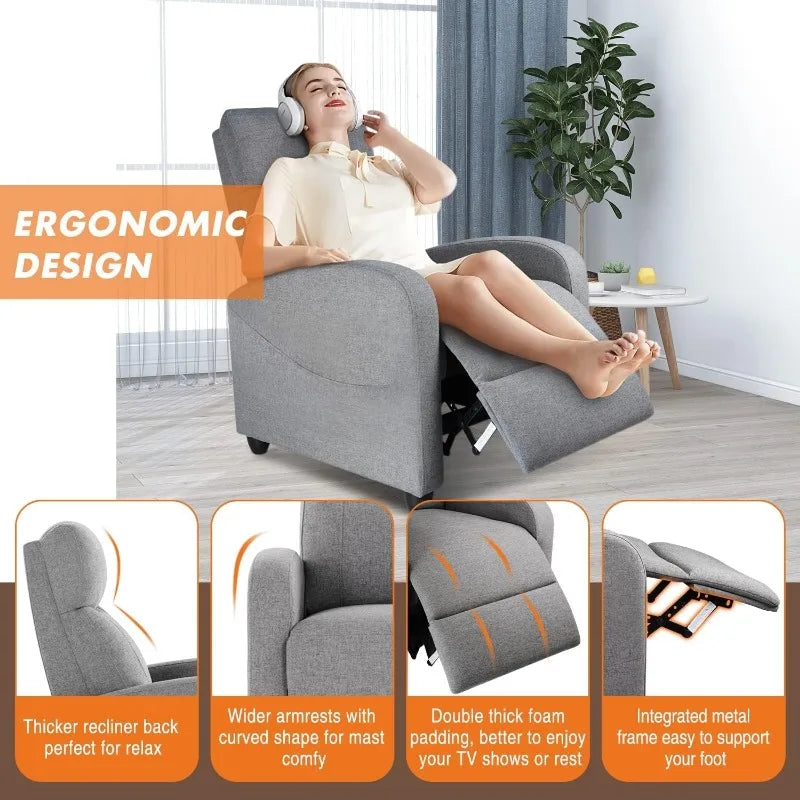 Recliner Chair for Adults, Massage Fabric Small Recliner Home Theater Seating with Lumbar Support, Adjustable Modern Reclining