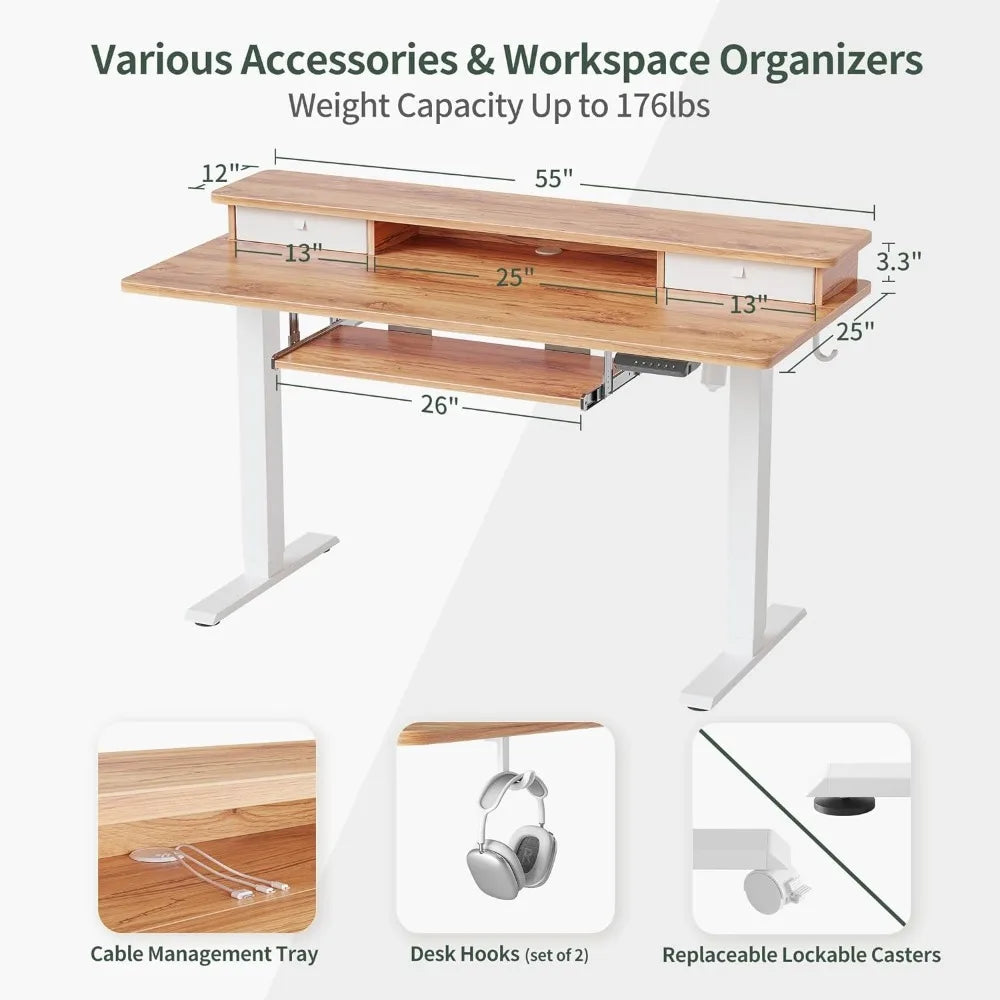 55'' Height Adjustable Electric Standing Desk with Keyboard Tray, Home Office Desk Computer Workstation with Storage Shelf- Meets ADA Recommendations for accessibility dimensions including wheelchairs