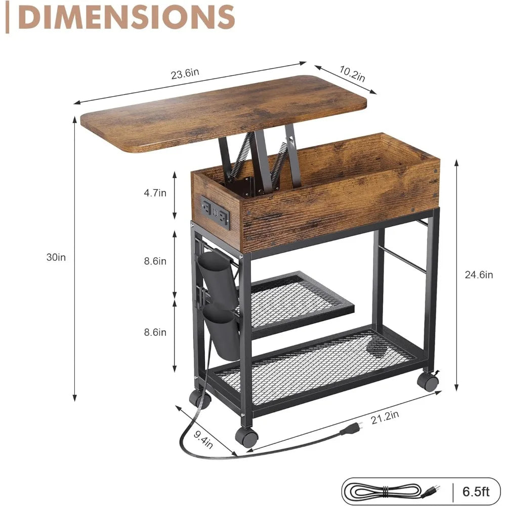 Lift Top End Table with Charging Station and Wheels, Sofa Side Table with USB Port & AC Outlets, Movable Bedside Nightstand