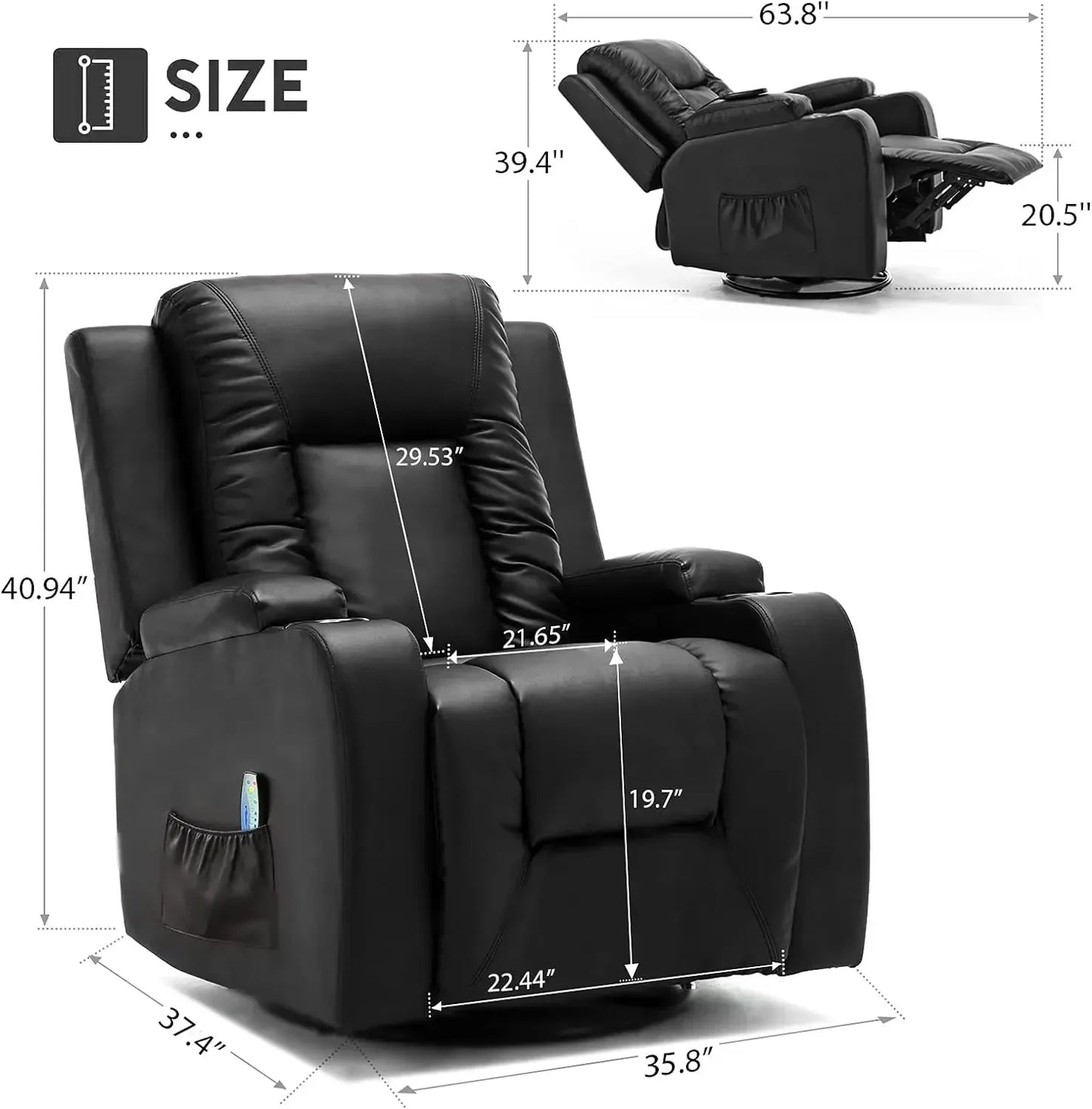 Power Lift Recliner Chair with Massage and Heat for Elderly, Leather Adjustable Reclining Sofa with Remote Control,Black