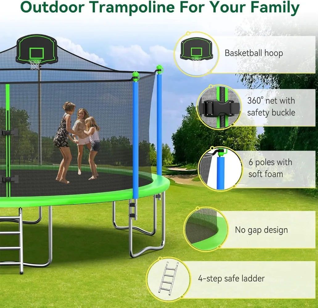 16FT 15FT 14FT 12FT Trampoline for Kids and Adults Outdoor Trampolines with Basketball Hoop and Net, Recreational Backyard