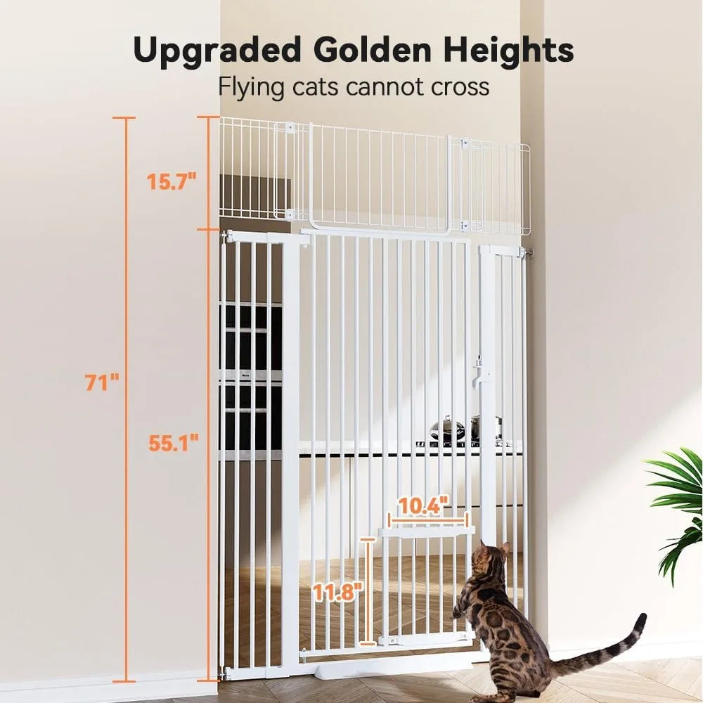 71" Extra Tall Pet Gate for Cats 29.5-40.6  Extra Wide Cat Gate with Adjustable Cat Door  Pressure Mounted Easy Walk Through