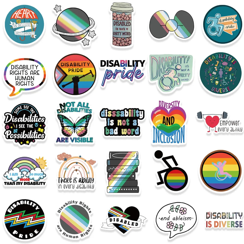 50pcs INS Style Disablity Pride Stickers Art Aesthetic Waterproof Vinyl Decoration Notebook Scarpbook Laptop Icebox Kids Decal