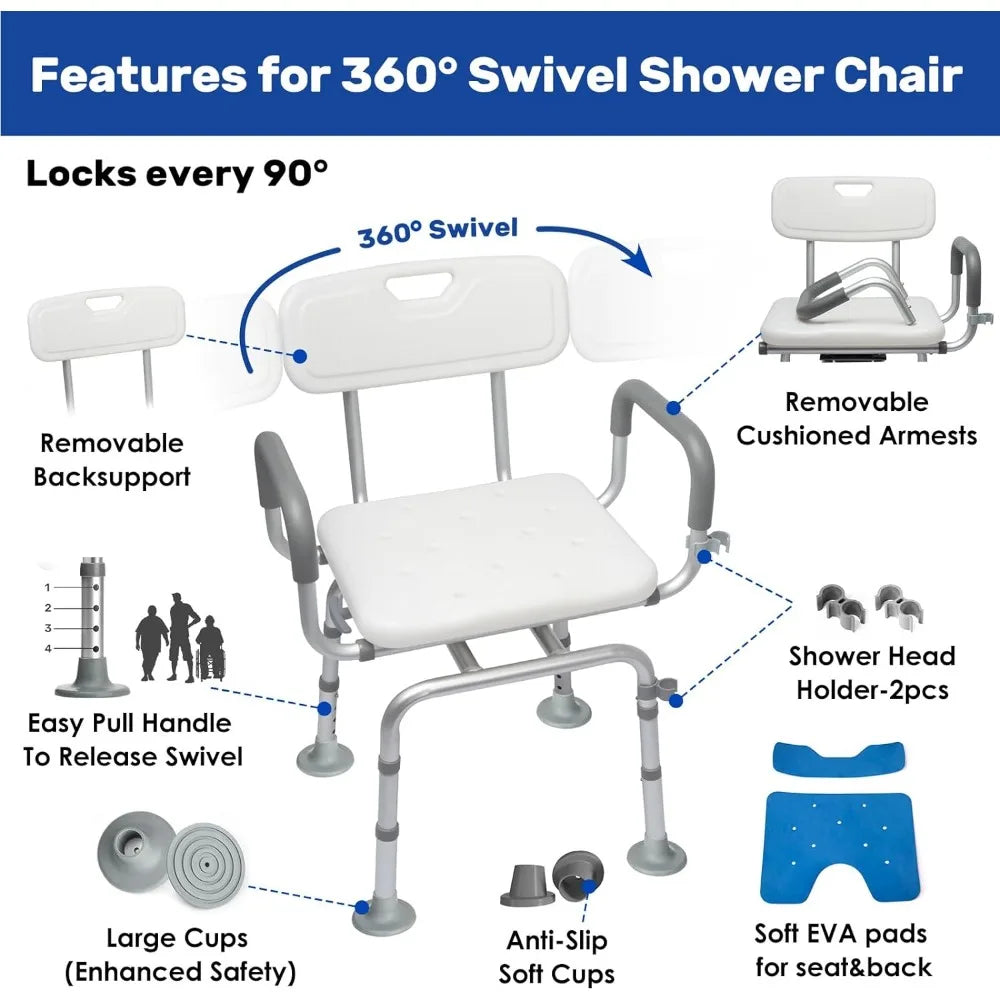 360° Swivel Shower Chair with Back and Arms,Rotating Swivel Bath Chair Handicap Shower Chair with Cold-Proof Pads,Support 400lbs