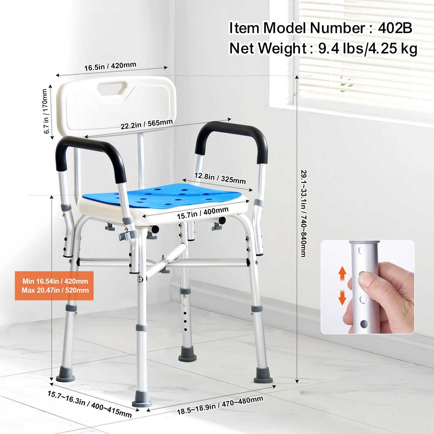 VEVOR Shower Chair Seat Adjustable Height Bench Bath Chair for Elderly Disabled Shower Chair for Inside Shower Bathtub 400/350lb