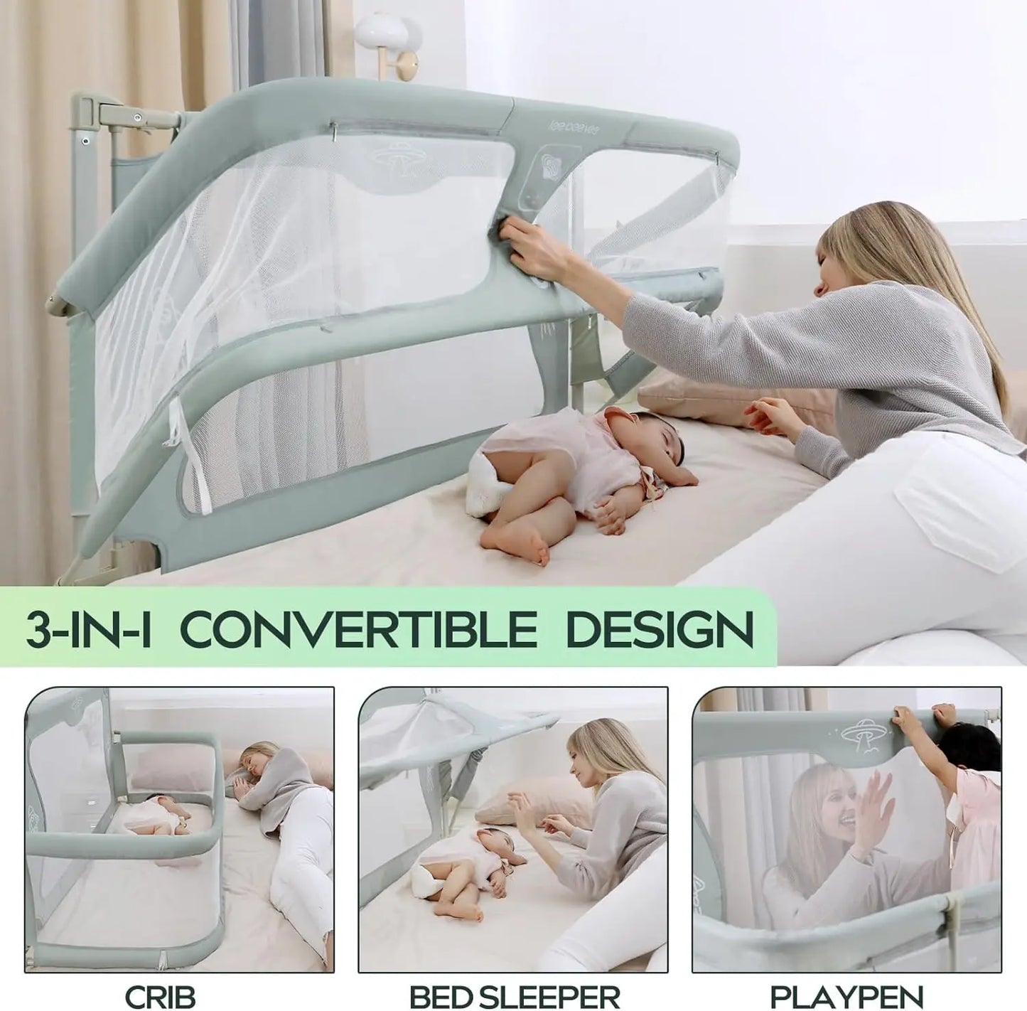 Baby Bassinet, Beside Sleeper for Baby Easy Folding Bedside Bassinet with Storage Basket and Wheels to Reduce Mom's Fatigue