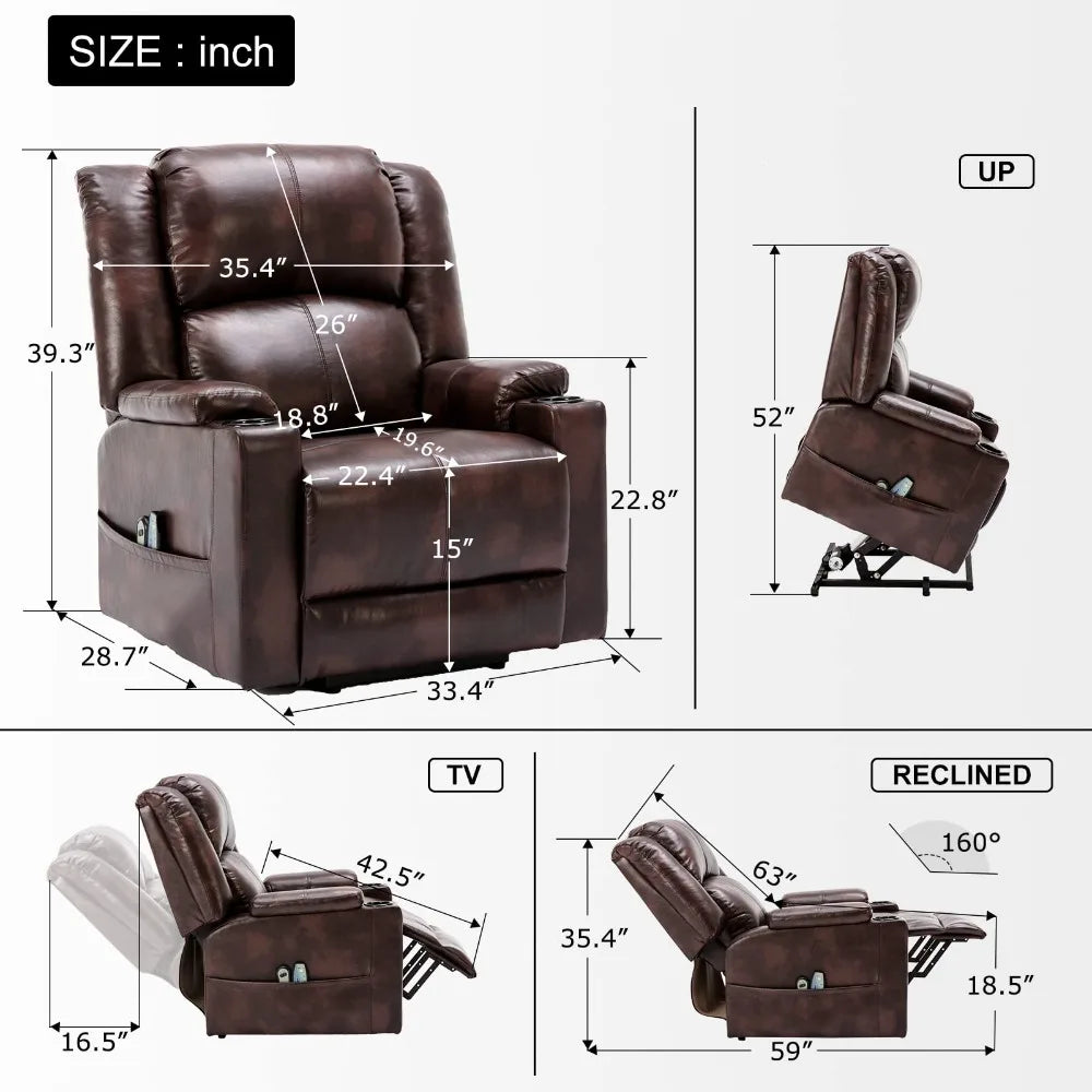 New Power Lift Recliner Chairs for Elderly Big Heated Massage Recliner Sofa PU Leather