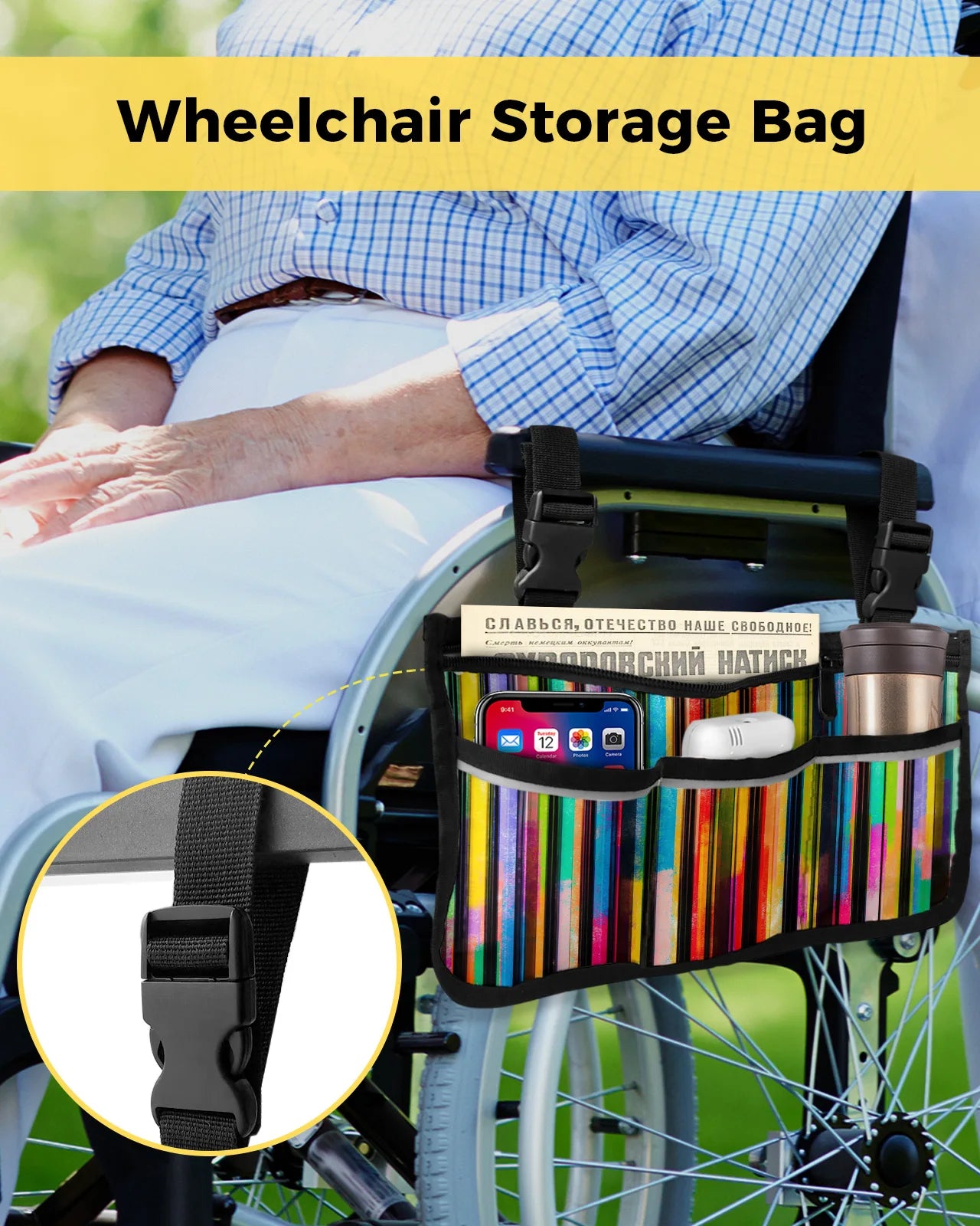 Color Stripes Wheelchair Bag With Pockets & Reflective Strips for Wheelchair, Push Chair, Stroller, Walker, or Scooter.