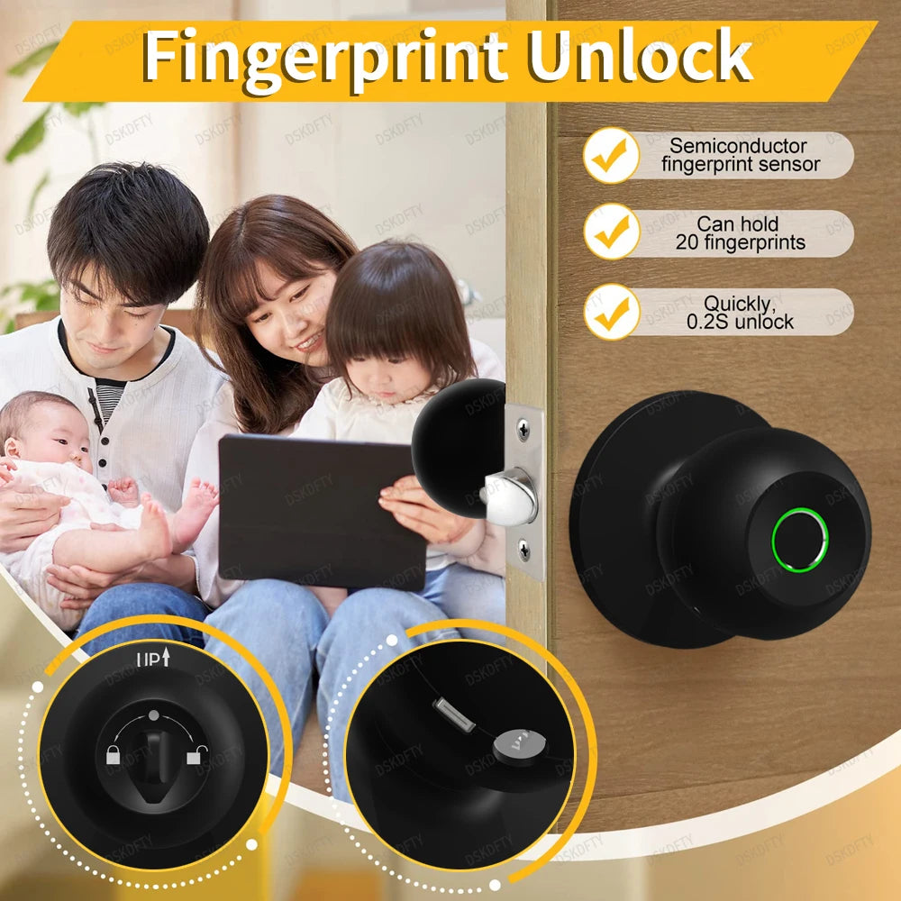 Fingerprint Door Lock For Bedroom Smart Lock Biometric Door Knob Lock with App Control for Bedrooms Cloakroom Apartments Offices