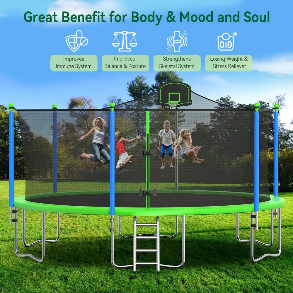 16FT 15FT 14FT 12FT Trampoline for Kids and Adults Outdoor Trampolines with Basketball Hoop and Net, Recreational Backyard