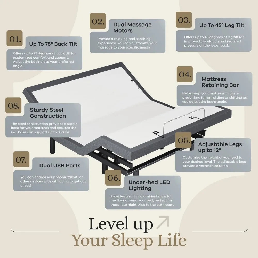 Massage, Under-Bed Lights, USB, Gel Memory, Zero Gravity Smart Frame, Bed Frames