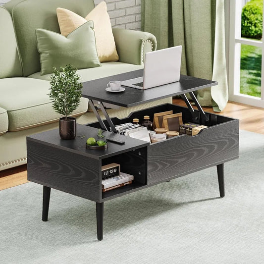 Modern Lift Top Coffee Table Wooden Furniture with Storage Shelf and Hidden Compartment for Living Room Office, Black