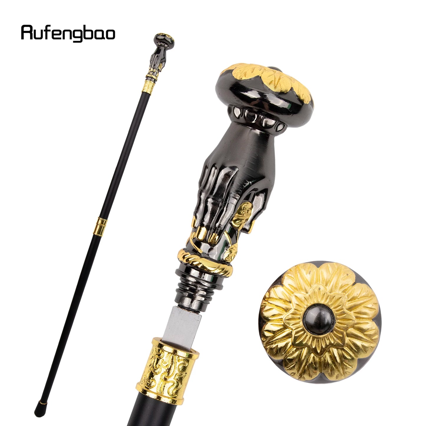 Golden Black Hand Hold Flower Handle Walking Stick with Hidden Plate Self Defense Fashion Cane Plate Cosplay Crosier Stick 93cm