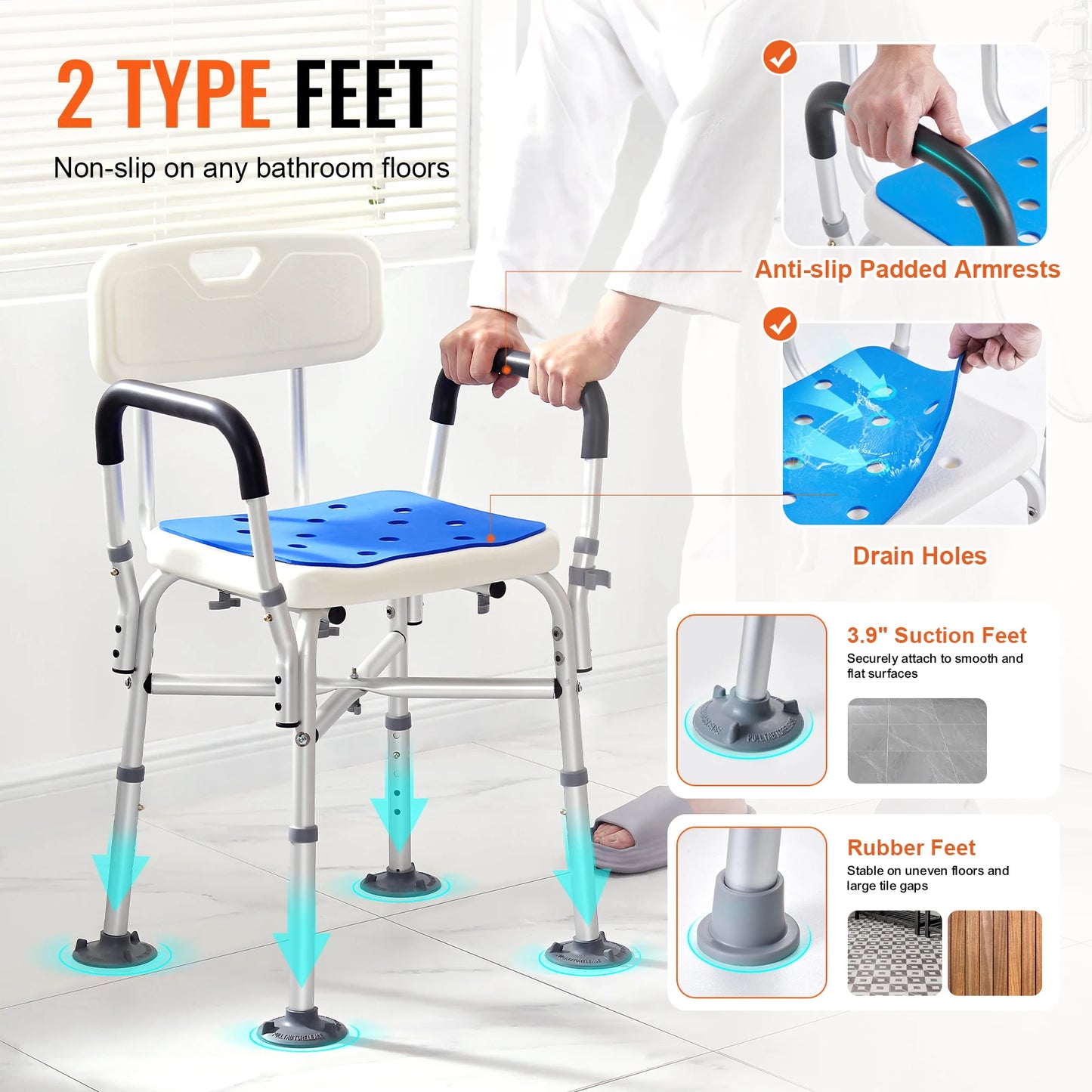 VEVOR Shower Chair Seat Adjustable Height Bench Bath Chair for Elderly Disabled Shower Chair for Inside Shower Bathtub 400/350lb