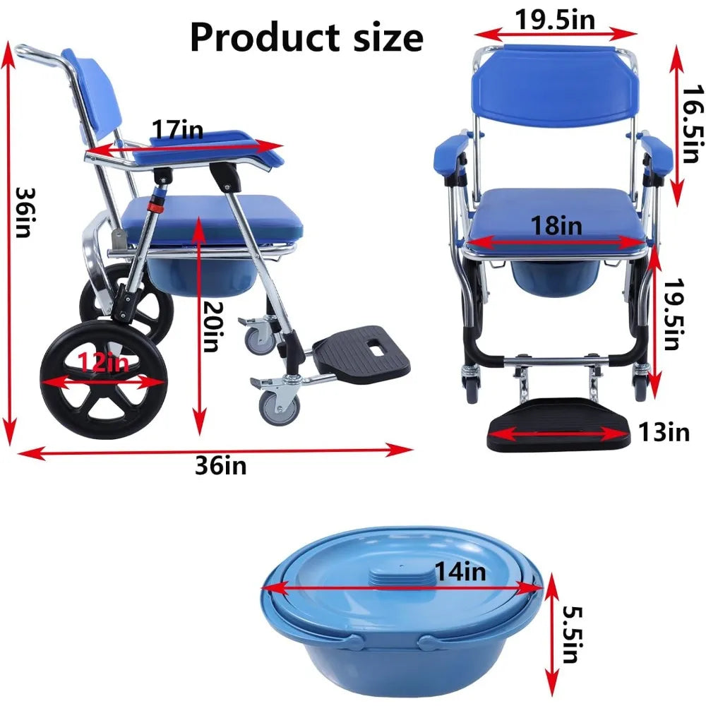 Folding Shower Commode Wheelchair - 300lbs Beside Commode Chair with Padded Seat, Waterproof Rolling Shower Chair with Armrests