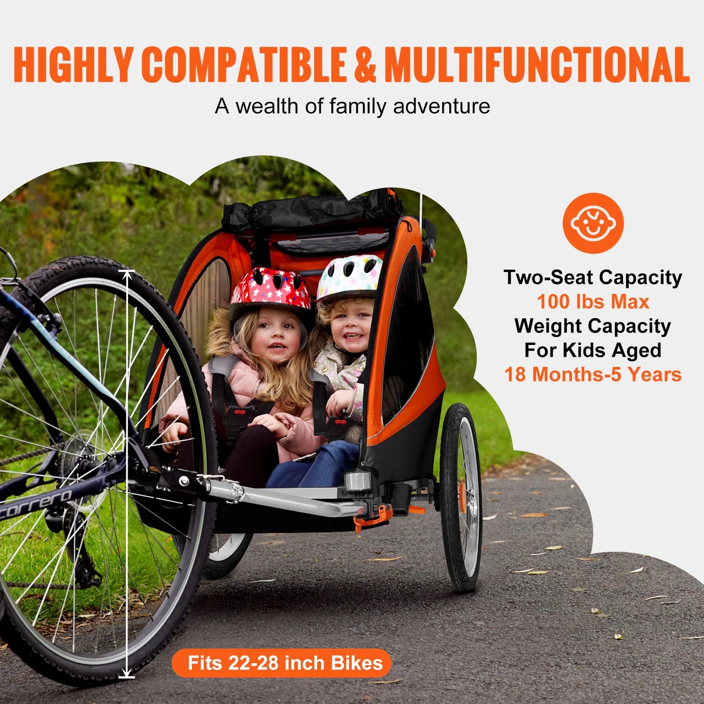 VEVOR 100/110/120 lbs Child Bike Trailer Canopy Carrier Stroller with Coupler Tow Foldable Bicycle Trailer for Toddlers Kids